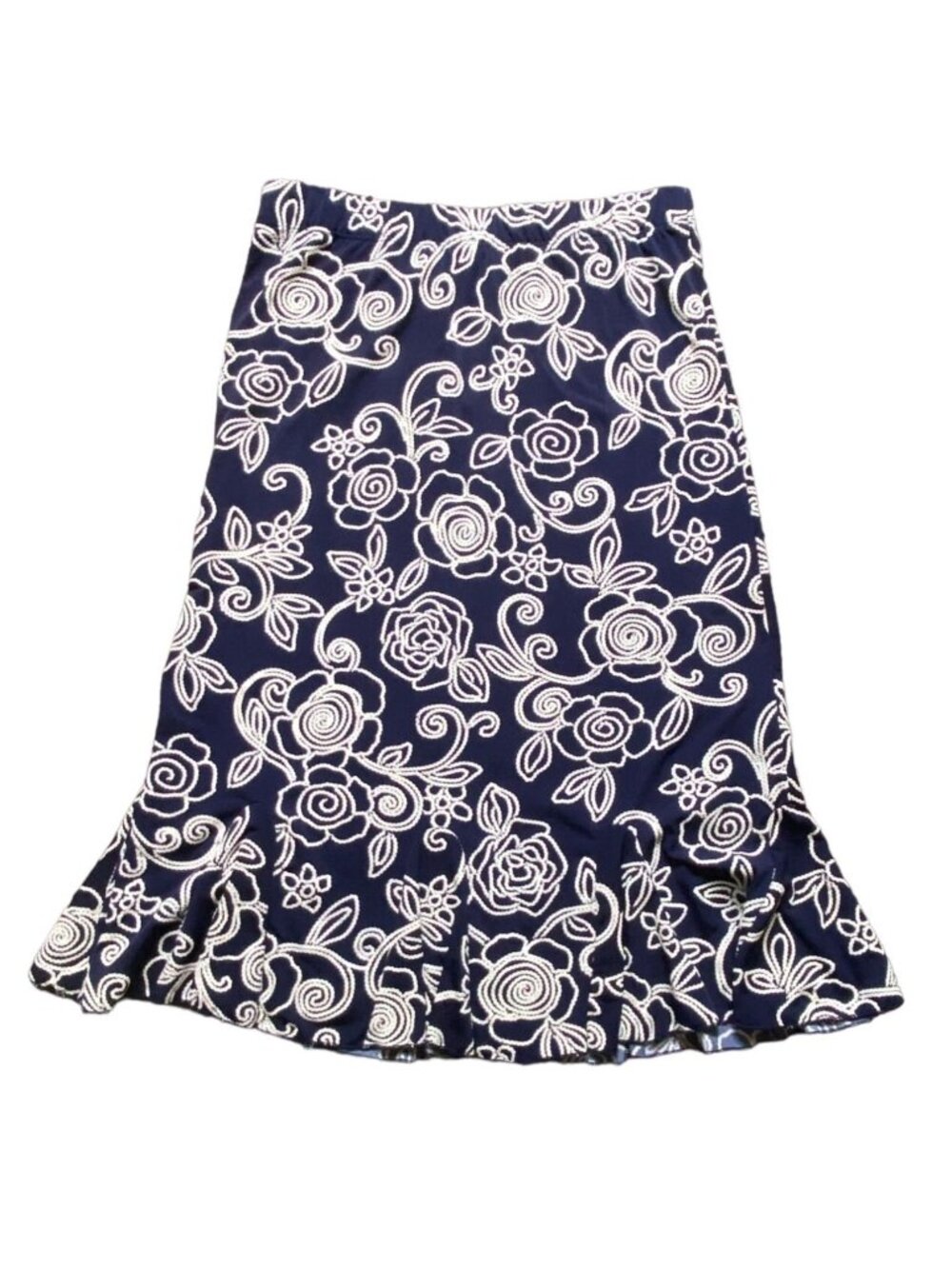 SJS Womens Ruffle Bottom Floral Midi Skirt-Navy Blue/White-Size Small-GUC
